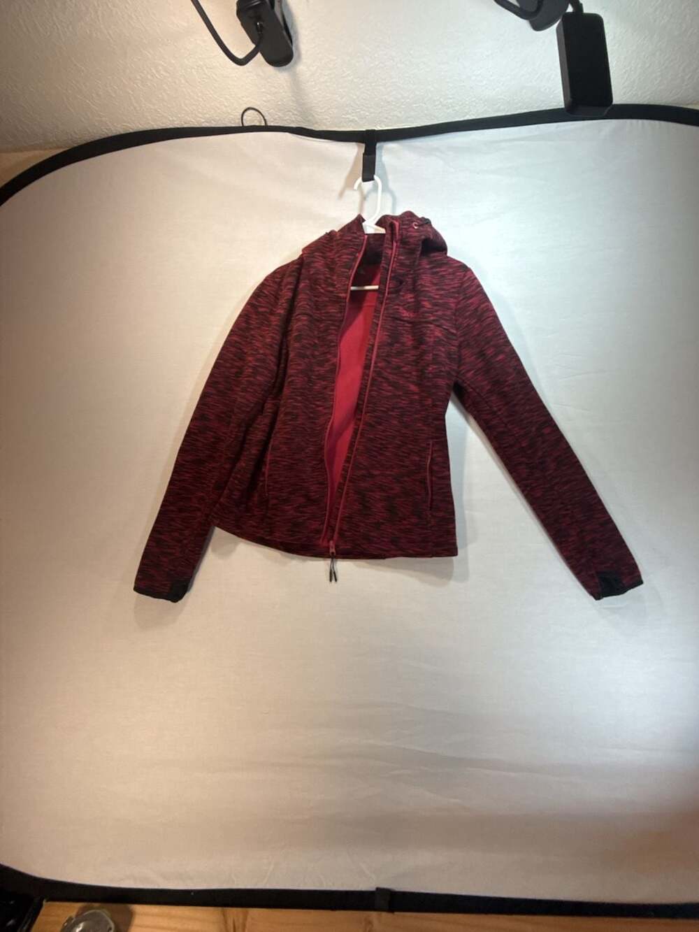 Bench Women's Full Zip Hooded Fleece Jacket in Red/Black Marled Print